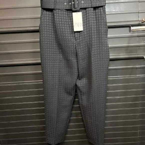 Zara Houndstooth Pants Women's Belted High Waist Trousers Gray - Picture 1 of 3